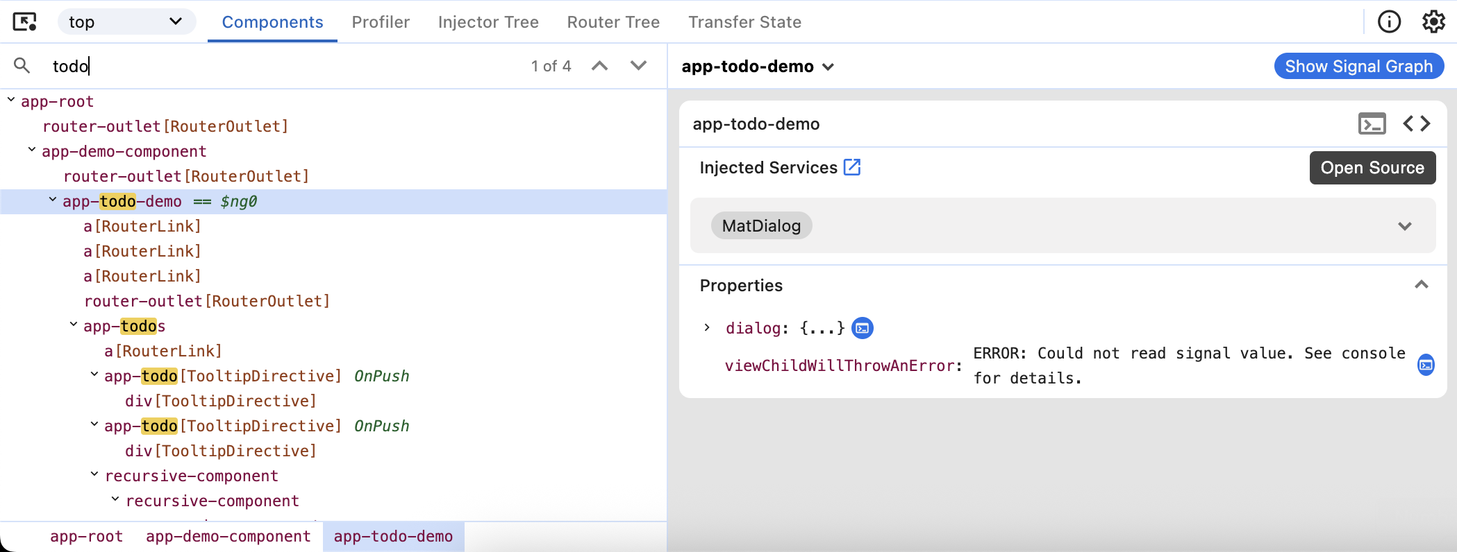 「Components」タブのスクリーンショット。右側にコンポーネントのプロパティビューが表示され、マウスがビューの右上隅にある`<>`アイコンの上にあります。隣接するツールチップには「Open component source」と表示されます。