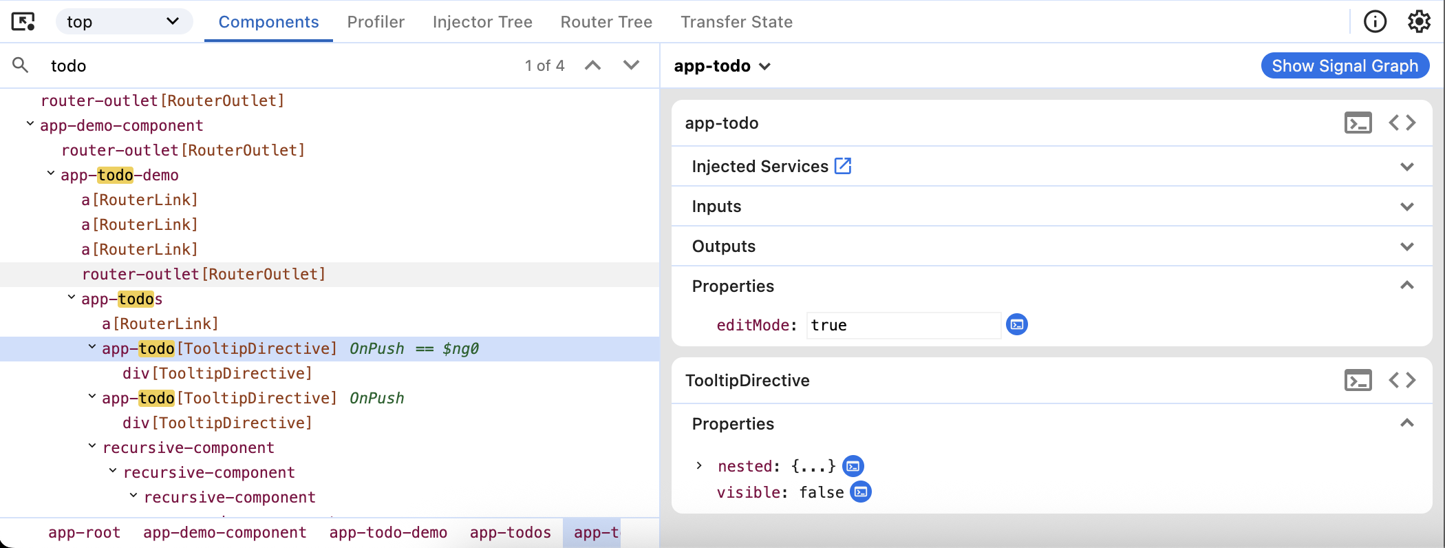 コンポーネントのプロパティビューが開いている「Components」タブのスクリーンショット。`todo`という`@Input`には、現在選択されており、値が「牛乳を買う」に手動で更新されている`label`プロパティが含まれています。